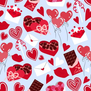 Kusursuz vektör düz kalp deseni. Sevgililer Günü geçmişi. Düz dizayn. Romantik elementlerin sonsuz kaotik dokusu. Kalpler, balonlar, çikolata, lolipop, dudaklar, zarf.