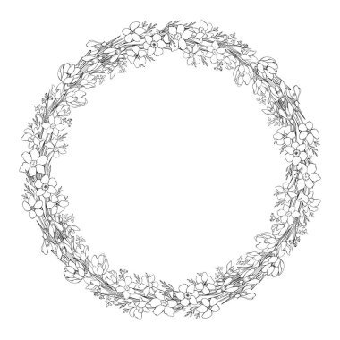 Bir kır çiçeği çelengi. Çizgi çalışması. Tasarım için dekoratif izole öge.