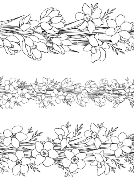 Borda Floral Sem Costura Conjunto Elementos Botânicos Vetoriais Isolados Desenho — Vetor de Stock