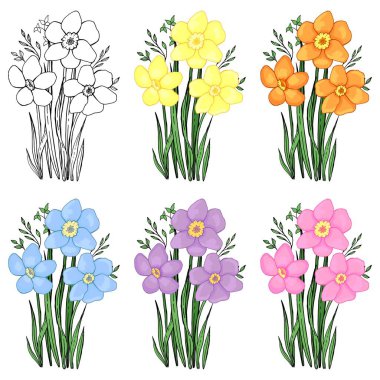 Bahar çiçekleri seti. Çizgi çalışması. Vektör grafikleri. İzole elementler.