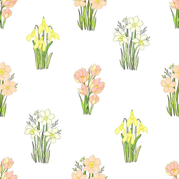Spring wildflowers. Botanical background. Isolated vector seamless pattern.