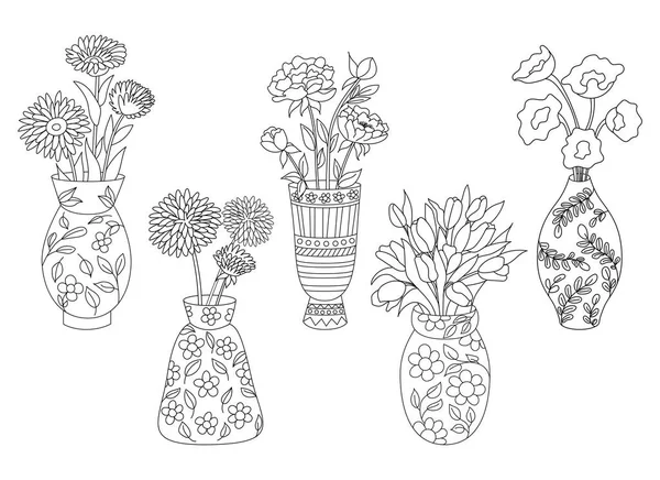 白い背景に孤立した花を持つ花瓶のセット セラミック花瓶の振動 概要図 — ストックベクタ