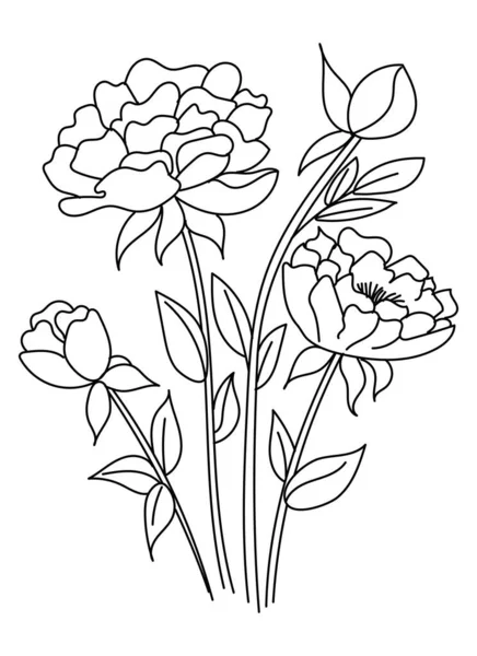 Bouquet Fiori Primaverili Isolati Fondo Bianco Disegno Contorno Linea Arte — Vettoriale Stock