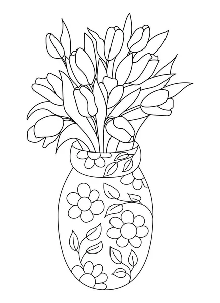 Vaso Con Fiori Isolati Sfondo Bianco Vaso Ceramica Disegno Contorno — Vettoriale Stock