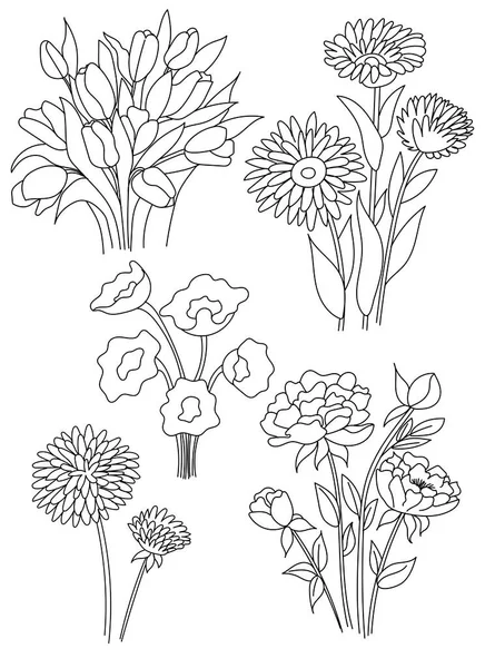 Buketter Våren Blommor Isolerad Vit Bakgrund Linjekonst Uppsättning Vektorritningar — Stock vektor