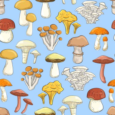Güzel mantarlar. Kusursuz desen. Arkaplan yazdırma, kumaş, kağıt, duvar kağıdı, ambalaj.