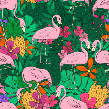 Tropikal yapraklar ve çiçeklerden oluşan bir arka planda flamingolar. Kusursuz desen. Flamingo çizgi film baskısı. Kumaş, kağıt, duvar kağıdı, arkaplan tasarımı için vektör ögesi.