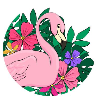 Tropikal yapraklar ve çiçeklerden oluşan bir arka planda flamingolar. Düz vektör izole çizimi. Flamingo çizgi film baskısı. Tasarım için vektör clipart ögesi.