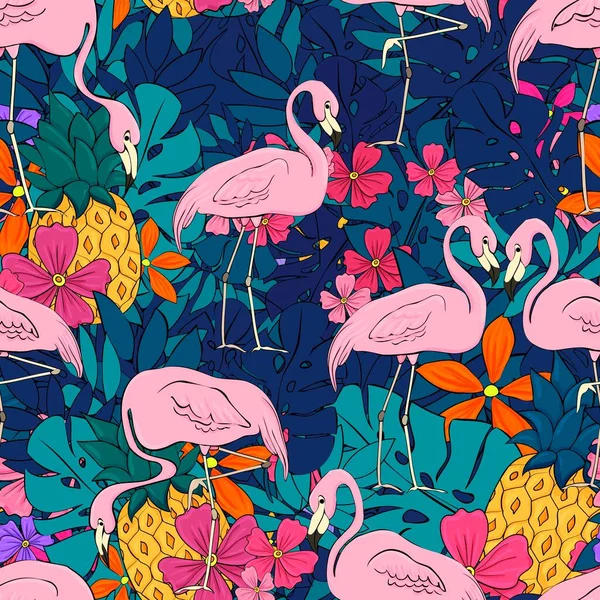 Flamingos Background Tropical Leaves Flowers Seamless Pattern Flamingo Cartoon Print — Stock Vector