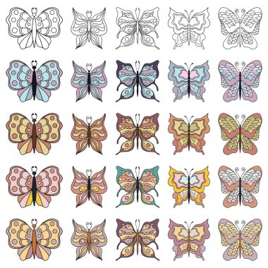 Bir dizi güzel kelebek. Çizgi sanatı ve renkli. İzole edilmiş düz çizgi film vektör çizimleri koleksiyonu.