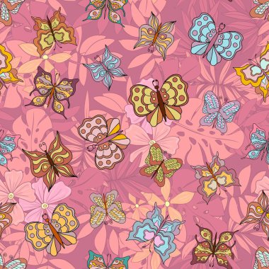 Tropik bir arka planda güzel kelebekler. Kusursuz desen. Pastel renkler. İzole edilmiş düz çizgi film vektör çizimleri koleksiyonu.