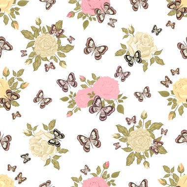 Güzel kelebekler ve gül buketleri. Çiçeksiz desen. Pastel renkler. İzole edilmiş arkaplan.