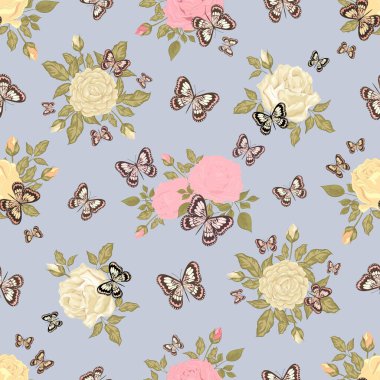 Güzel kelebekler ve gül buketleri. Çiçeksiz desen. Pastel renkler. İzole edilmiş arkaplan.