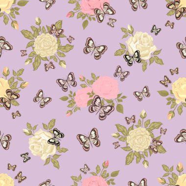 Güzel kelebekler ve gül buketleri. Çiçeksiz desen. Pastel renkler. İzole edilmiş arkaplan.