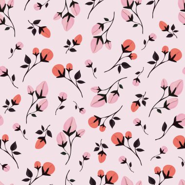 Narin bahar çiçekleri ve yaprakları. Kusursuz desen. Kumaş, kağıt, ambalaj üzerindeki kumtaşı için botanik baskısı. İzole edilmiş arkaplan.