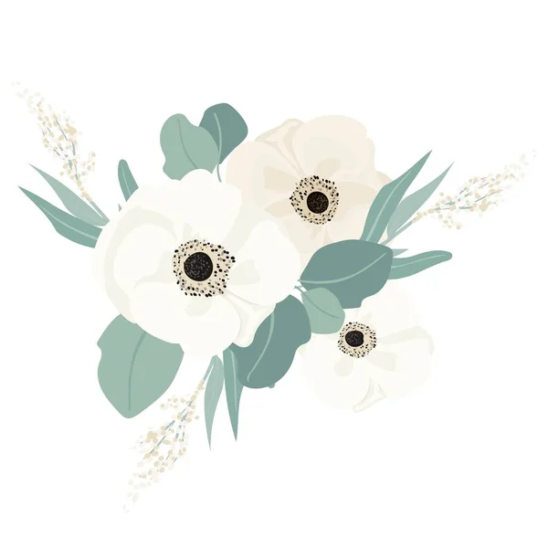 Ramo Hermosas Flores Primavera Flores Blancas Hojas Ramas Ilustración Vectorial — Vector de stock