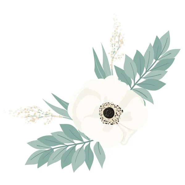 Buquê Belas Flores Primavera Flores Brancas Folhas Ramos Ilustração Vetorial —  Vetores de Stock