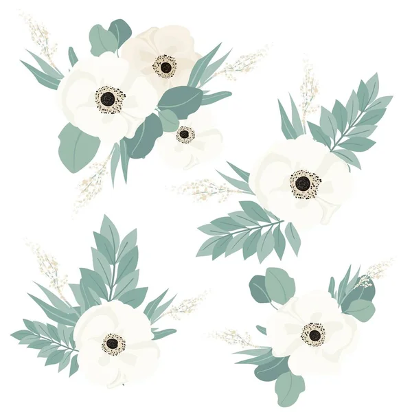 Conjunto Ramos Hermosas Flores Primavera Flores Blancas Hojas Ramas Ilustración — Vector de stock