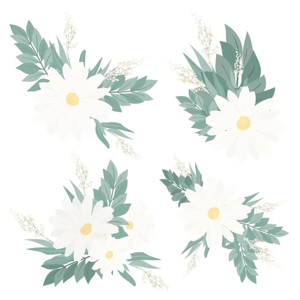 Σετ Ανθοδέσμες Από Όμορφα Ανοιξιάτικα Λουλούδια Λευκά Λουλούδια Φύλλα Και — Διανυσματικό Αρχείο