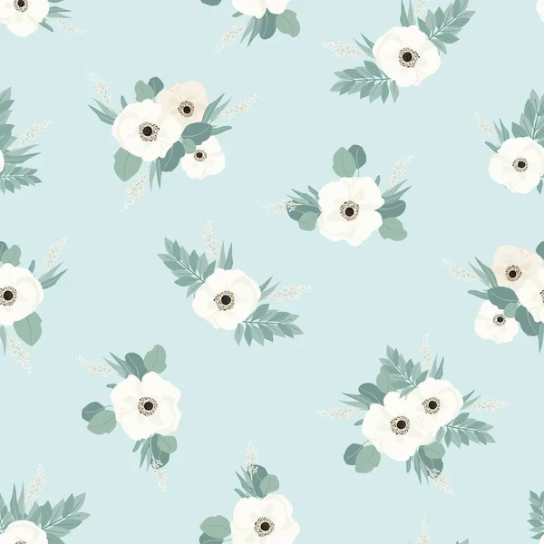 Seamless pattern. Set of bouquets of beautiful spring flowers. White flowers, leaves and branches. Flat isolated vector illustration.