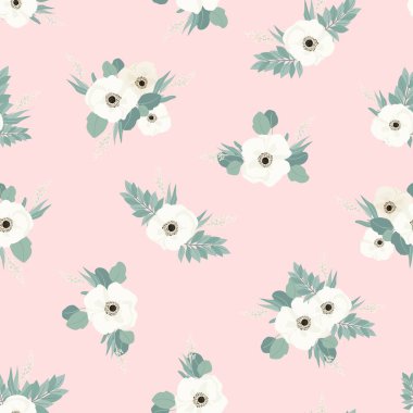 Kusursuz desen. Bir demet güzel bahar çiçeği. Beyaz çiçekler, yapraklar ve dallar. Düz izole vektör illüstrasyonu.