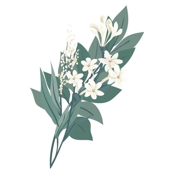 Букет Красивих Весняних Квітів Білі Квіти Листя Гілки Плоска Ізольована — стоковий вектор