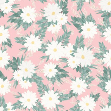 Kusursuz desen. Bir demet güzel bahar çiçeği. Beyaz çiçekler, yapraklar ve dallar. Düz izole vektör illüstrasyonu.