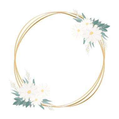 Üzerinde çiçekler ve yapraklar olan bir kartpostal. Kartlar, etiketler ve düğün davetiyeleri için tasarım konsepti. Çiçek buketleri ve altın yuvarlak çerçeve. Vektör dekoratif izole kartpostal.