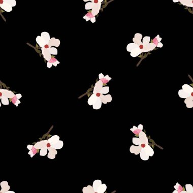 Klasik çiçekler. Kusursuz desen. Çiçek açan bir ağacın dalı. Düz vektör izole çizimi. Pastel renkler.