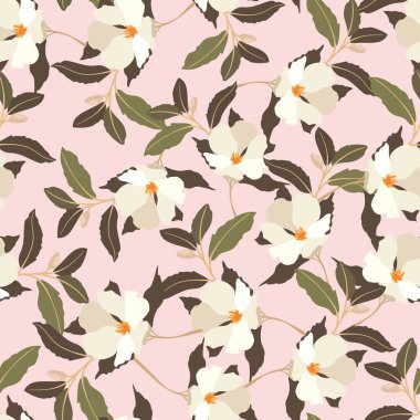 Klasik çiçekler. Kusursuz desen. Çiçek açan bir ağacın dalı. Düz vektör izole çizimi. Pastel renkler.