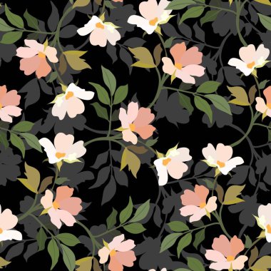 Klasik çiçekler. Kusursuz desen. Çiçek açan bir ağacın dalı. Düz vektör izole çizimi. Pastel renkler.