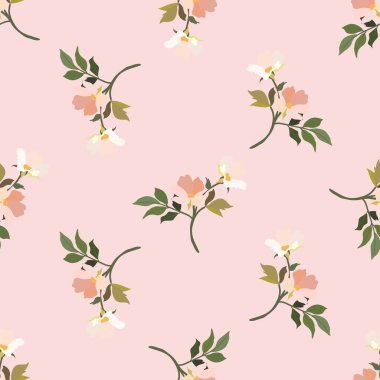 Klasik çiçekler. Kusursuz desen. Çiçek açan bir ağacın dalı. Düz vektör izole çizimi. Pastel renkler.