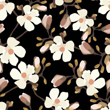 Klasik çiçekler. Kusursuz desen. Çiçek açan bir ağacın dalı. Düz vektör izole çizimi. Pastel renkler.