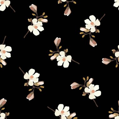 Klasik çiçekler. Kusursuz desen. Çiçek açan bir ağacın dalı. Düz vektör izole çizimi. Pastel renkler.