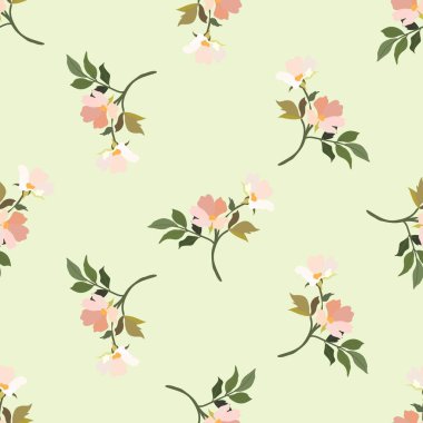 Klasik çiçekler. Kusursuz desen. Çiçek açan bir ağacın dalı. Düz vektör izole çizimi. Pastel renkler.