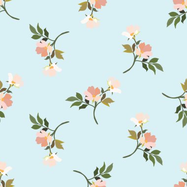 Klasik çiçekler. Kusursuz desen. Çiçek açan bir ağacın dalı. Düz vektör izole çizimi. Pastel renkler.