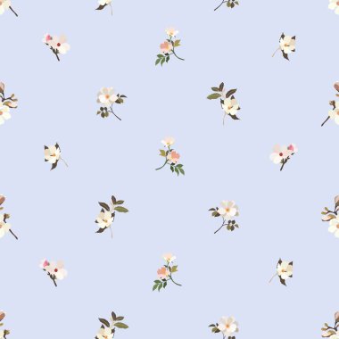 Klasik çiçekler. Kusursuz desen. Çiçek açan bir ağacın dalı. Düz vektör izole çizimi. Pastel renkler.