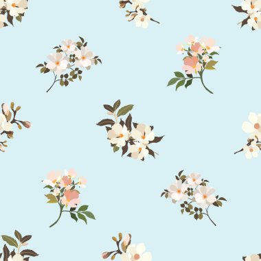 Klasik çiçekler. Kusursuz desen. Çiçek açan bir ağacın dalı. Düz vektör izole çizimi. Pastel renkler.