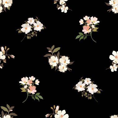 Klasik çiçekler. Kusursuz desen. Çiçek açan bir ağacın dalı. Düz vektör izole çizimi. Pastel renkler.