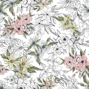 Botanik kusursuz desen. Çiçek buketleri. Kumaş ve duvar kağıtları için klasik sanat tasarımı. İzole botanik elementler.