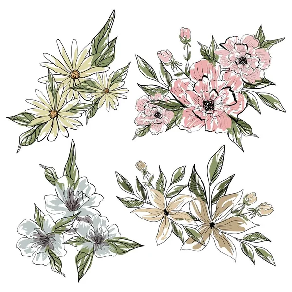 一套花束 Set Flowers Flowers 收集矢量草图和线条艺术插图 孤立的植物学要素 — 图库矢量图片