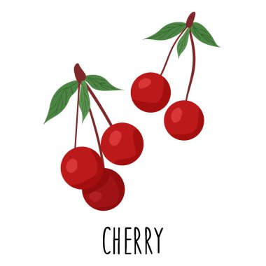 Tatlı karikatür kirazı. Kartpostal tasarımı, tişört baskısı, dijital tasarım. İzole edilmiş düz vektör çizimi.