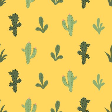 El çizimi güzel palmiyeler ve kaktüsler. Kusursuz desen. Kumaş, duvar kağıdı, kağıt, ambalaj üzerine yazdırma.