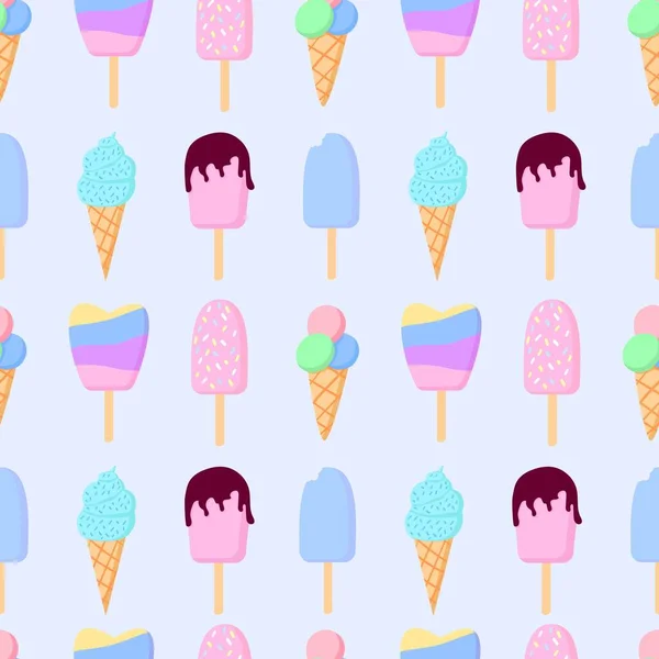 无缝隙图案 有锥形冰淇淋和棒状冰淇淋的形象 可爱的卡通片孤立无缝图案 包装设计 — 图库矢量图片