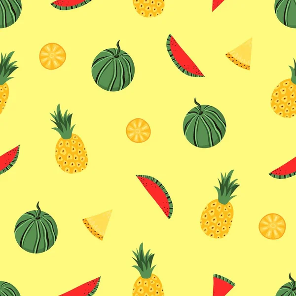 Cute Cartoon Watermelon Pineapple Seamless Pattern Design Fabric Clothing Wallpaper — Stock Vector