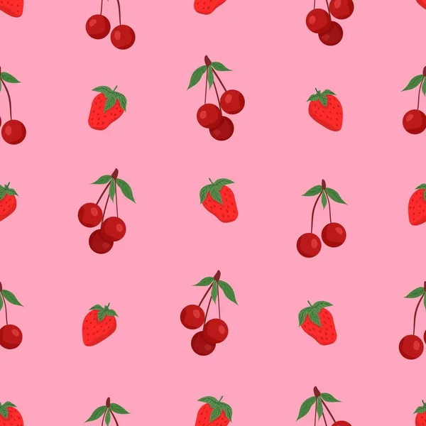 Cute Cartoon Strawberries Cherries Seamless Pattern Design Fabric Clothing Wallpaper — Stock Vector