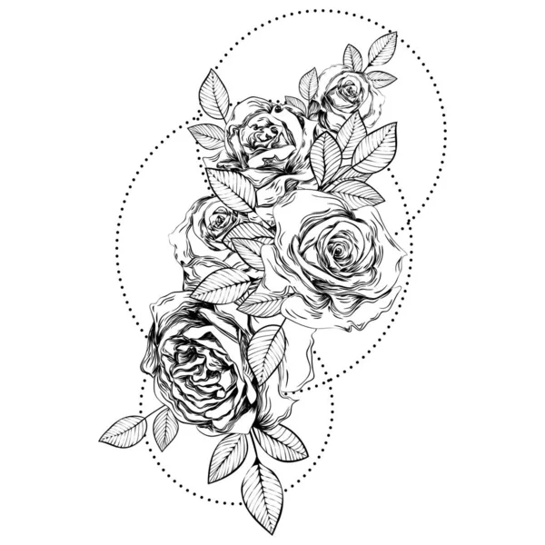 バラの花束 植物線画イラスト スケッチ ゴシックタトゥー — ストックベクタ
