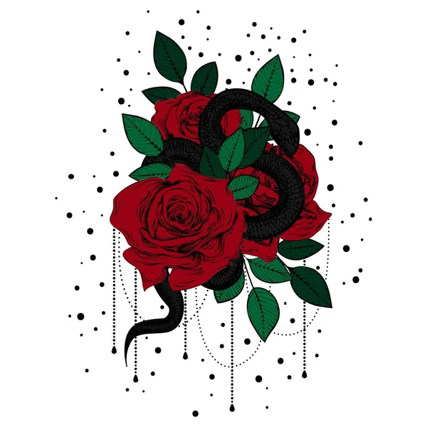 Bouquet Roses Snake Colored Botanical Line Art Illustration Sketch Gothic — Stock Vector