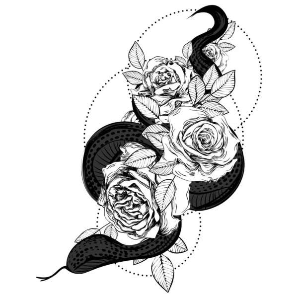 Ramo Rosas Una Serpiente Ilustración Arte Línea Botánica Boceto Tatuaje — Vector de stock