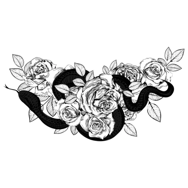 Bukiet Róż Wąż Ilustracja Sztuki Linii Botanicznej Szkic Gotycki Tatuaż — Wektor stockowy